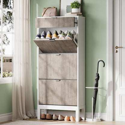 IDEALHOUSE Shoe Storage Cabinet with 3 Flip Drawers, Farmhouse Fluted Shoe Organizer with Metal Legs, Freestanding Hidden Slim Narrow Shoe Rack for Entryway, Foyer, Hallway