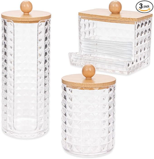 3 Pieces Makeup Remover Discs Dispenser, Cotton Makeup Remover Canister, Canister with Bamboo Lids, Holder for Cotton Swabs, Organizer Pads Makeup for Living Room