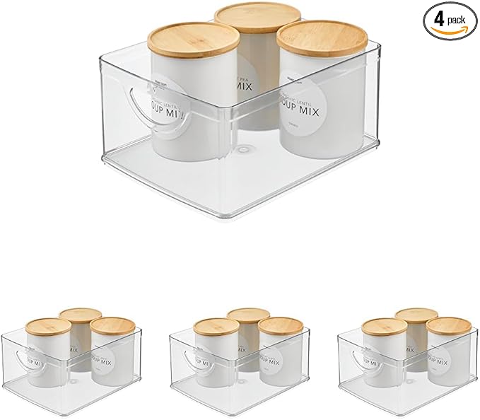 iDesign Plastic Stackable Kitchen Cabinet Storage Bin with Handles - Clear Pantry Organizer (Pack of 4)