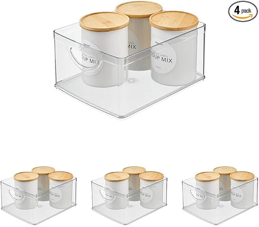 iDesign Plastic Stackable Kitchen Cabinet Storage Bin with Handles - Clear Pantry Organizer (Pack of 4)