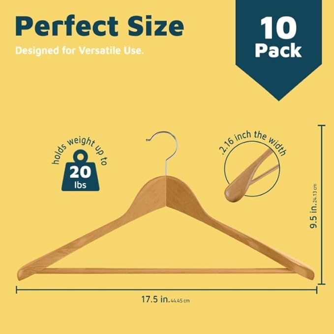 Lifemaster Solid Wooden Hanger Set - 10 Pieces Non-Slip Versatile Closet Space-Saving Hanger Set for Suit, Coat, Camisole, Jacket, Pants, and Dresses with 360° Swivel Hook
