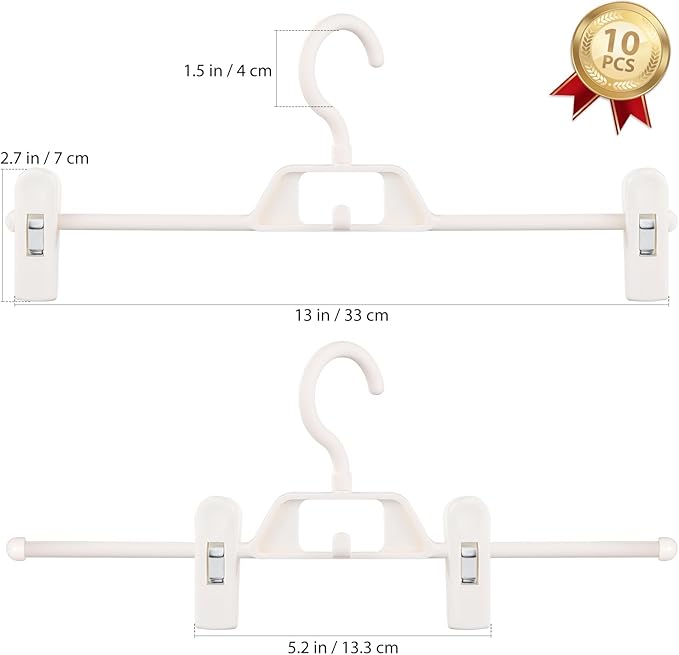 YARNOW Plastic Pants Hangers with Clips White, 10 Pcs Adjustable Skirt Hangers, Space-Saving Design, Ideal for Closet Organizer and Storage
