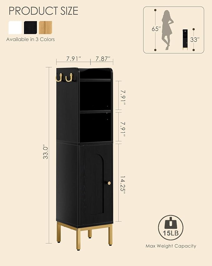 Bathroom Storage Cabinet, Small Corner Floor Hutch with 2Hooks,Narrow Toilet Paper Cabinet with Adjustable Shelf,Morden Bathroom Organizer for Small Spaces,Black
