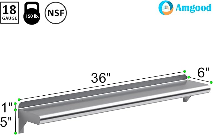 AmGood 6 in. x 36 in. Stainless Steel Wall Shelf | NSF | Metal Shelving | Garage, Laundry, Storage, Utility Room | Restaurant, Commercial Kitchen