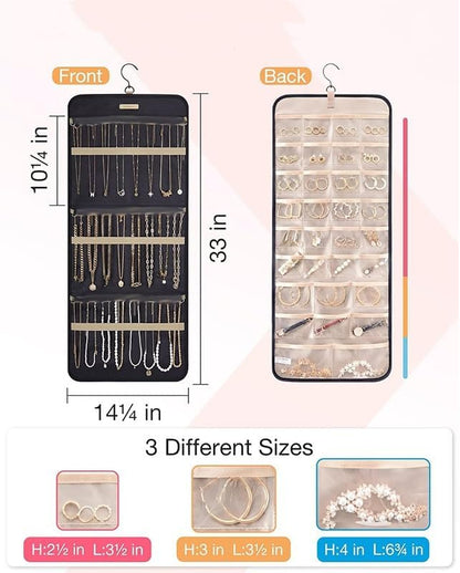 Hanging Jewelry Organizer Storage Roll with Hanger Metal Hooks Double-Sided Jewelry Holder for Earrings, Necklaces, Rings on Closet, Wall, Door 33 * 14IN (Black)