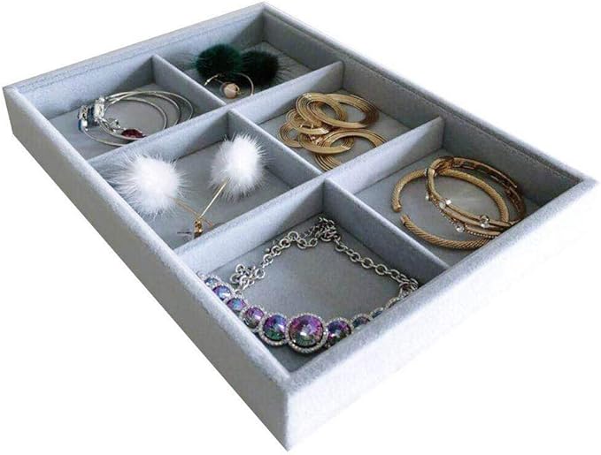 6-Grid Stackable Premium Quality Grey Velvet Jewelry Organizer Multi Function Rearrangeable Divider for Collectibles Jewelry Necklace Earring Ring Buttons Precious Stone Art Delicate