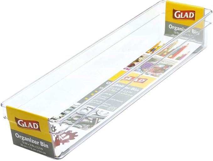 Glad Plastic Drawer Storage Tray – Heavy Duty Organizer Bin for Home, Kitchen, Bath, Bedroom, Office | Non-Slip Feet, 13" x 3.25", Clear