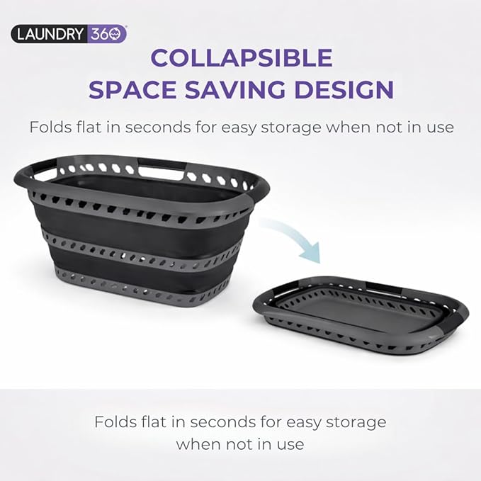 Laundry 360 Collapsible Laundry Basket 40L | Portable | Space Saver Storage | Hold 2 Loads | Store Under the Bed or Closet | Good for Kids | Dorm | Bedroom | Large | Grey/Black