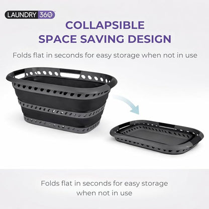 Laundry 360 Collapsible Laundry Basket 40L | Portable | Space Saver Storage | Hold 2 Loads | Store Under the Bed or Closet | Good for Kids | Dorm | Bedroom | Large | Grey/Black