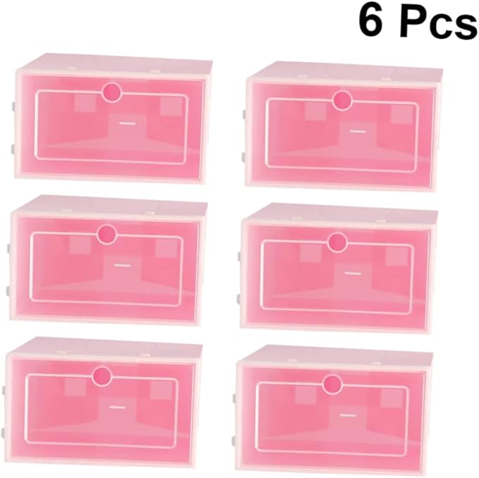 6PCS Transparent Stackable Shoe Containers Thickened Plastic Storage Boxes in Pink Small S Organizer for Sneakers and Closet Use Easy Shoe Visibility with Door
