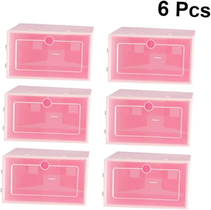 6PCS Transparent Stackable Shoe Storage Boxes with Thickened Plastic S Pink Organizer for Sneakers Shoe Containers for Closet and Entryway Storage