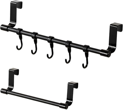 INCREWAY 2Pcs Towel Holder, Over Cabinet Door Towel Rack with Hooks, Multi-Purpose Kitchen Towels Rack and Hanger Organizer for Sink Bathroom Pantry Door (Black)