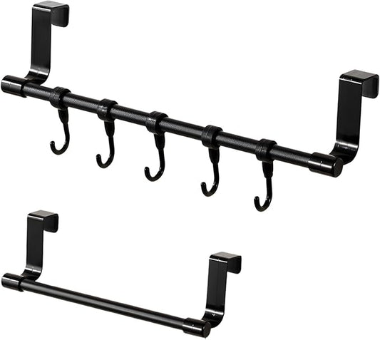 INCREWAY 2Pcs Towel Holder, Over Cabinet Door Towel Rack with Hooks, Multi-Purpose Kitchen Towels Rack and Hanger Organizer for Sink Bathroom Pantry Door (Black)