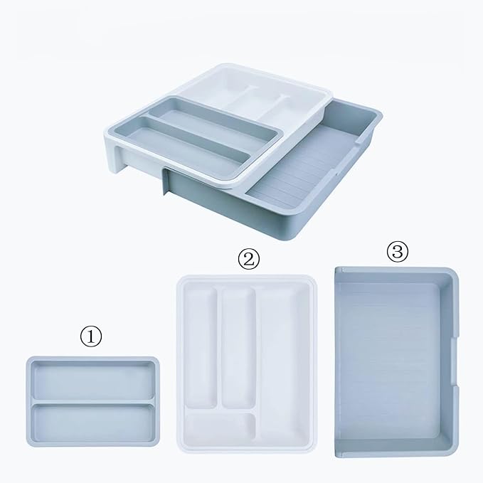 HornTide 3-in-1 Cutlery Tray, Expandable Utensils Holder, Plastic Kitchen Drawer Organizer for Silverware Storage and More - Gray