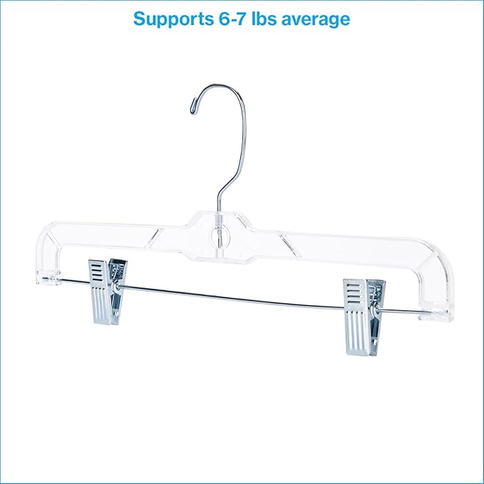 SSWBasics 14 Inch Clear Plastic Skirt Hangers and Pants Hangers with Clips - Pack of 20 Durable Hangers with Clips for Skirts and Pants