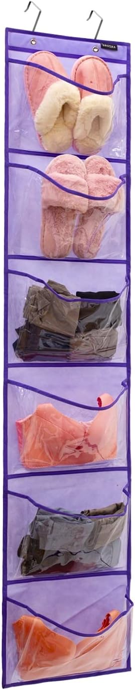 Extra Large Pockets Shoe Organizer for Closet Over The Narrow Door Hanging Shoe Holder Storage (6 Large Pockets-Purple)