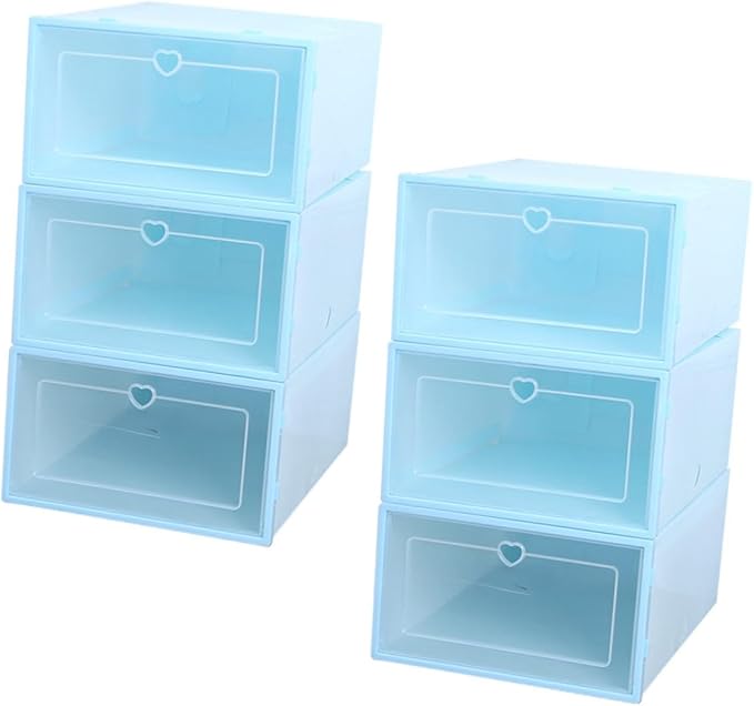 TOYANDONA 6Pcs Plastic Drawer-type Shoes Storage Boxes for Women Transparent Heart Pattern Shoe Organizers with Clamshell Lid Stackable and Reinforced Design Blue