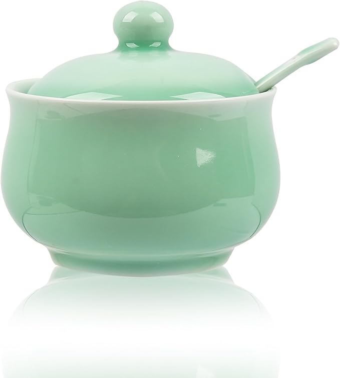 Porcelain Salt Cellar with Lid and Spoon, 4.4 oz Salt Container Sugar Bowl for Spice & Seasonings, Elegant Kitchen Counter Decor, Chinese Celadon (Light Green)