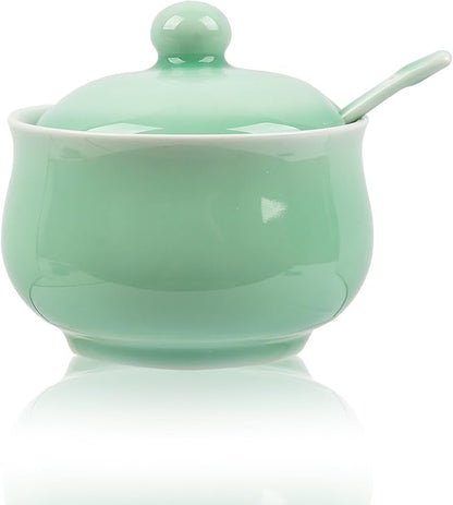 Porcelain Salt Cellar with Lid and Spoon, 4.4 oz Salt Container Sugar Bowl for Spice & Seasonings, Elegant Kitchen Counter Decor, Chinese Celadon (Light Green)