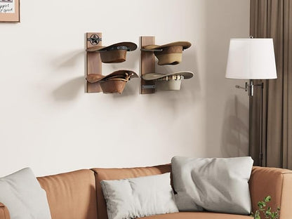 Hat Holder Rustic Wood Star Design – 2-Piece Organizer with Extra Wide Wooden Boards (12cm / 4.72"), 4-Hook Cowboy Hat Rack for Wall, Western Decor, Hat Storage Display Hanger