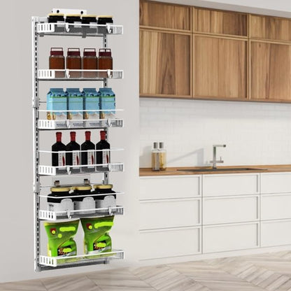 6-Tier Over the Door Organizer, Heavy Duty Metal Pantry Door Rack, Hanging Storage Shelf for Kitchen, Over The Door Spice Rack & Pantry Organizer, 6-Shelf Metal Hanging Storage (White)