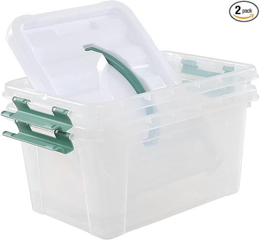 Saedy 6 Quart Clear Plastic Multipurpose Lidded Storage Container Box Bin with Handle, 2-Pack
