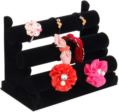 3 Tier Velvet Jewelry Organizer Stand, Detachable Bracelet Holder, Gray and Black, 12.2 x 9.25 Inches (Black)
