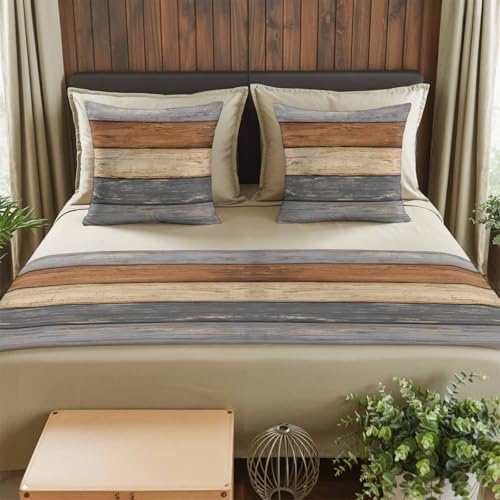 Bed Runner for King Size Bed, Farmhouse Haze Blue Brown Decorative Beds Runners and 2 Matching Pillow Covers Set, Vintage Wooden Striped Beds Scarf Throw for Foot of Bedding Set for Hotel/Bedroom - Image 2