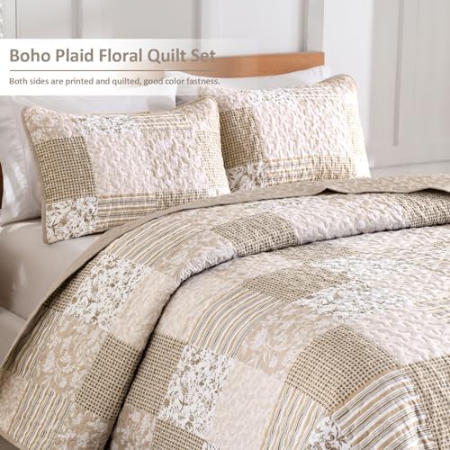 Mybedsoul Beige Boho Quilt King Size, Patchwork Floral Bedding Set - Image 2