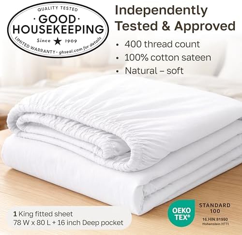 California Design Den Soft 100% Cotton Sateen King Fitted Sheet Deep Pocket - Image 3