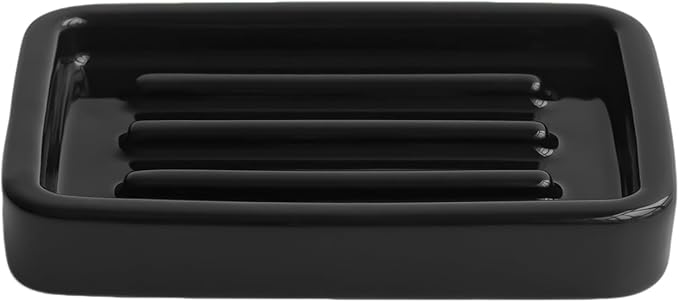 Ceramic Soap Dish with Raised Ridges, Rectangle Soap Tray, Decorative Soap Holder for Bathroom Counter, Shower and Kitchen Sink, Black