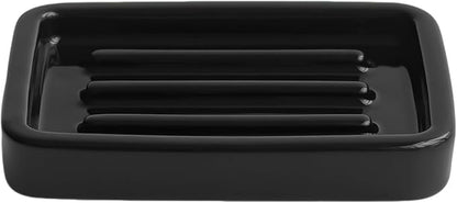 Ceramic Soap Dish with Raised Ridges, Rectangle Soap Tray, Decorative Soap Holder for Bathroom Counter, Shower and Kitchen Sink, Black