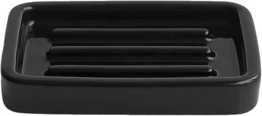 Ceramic Soap Dish with Raised Ridges, Rectangle Soap Tray, Decorative Soap Holder for Bathroom Counter, Shower and Kitchen Sink, Black