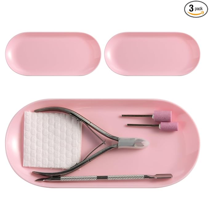 3Pcs Manicure Tools Storage Tray, Oval Plastic Storage Dish Nail Art Accessory Display Trays, Jewelry Rhinestone Organizer Plate, Makeup Cosmetic Nail Decorations Storages Plate（Pink）