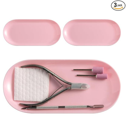 3Pcs Manicure Tools Storage Tray, Oval Plastic Storage Dish Nail Art Accessory Display Trays, Jewelry Rhinestone Organizer Plate, Makeup Cosmetic Nail Decorations Storages Plate（Pink）