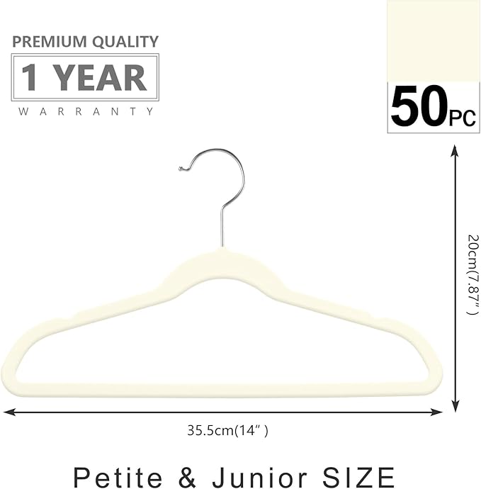 MIZGI Kids Velvet Hangers,Non-Slip Big Kids Hangers,14 Inch Hangers for Youth,Teen Clothes,Pack of 50（Ivory/Silver）