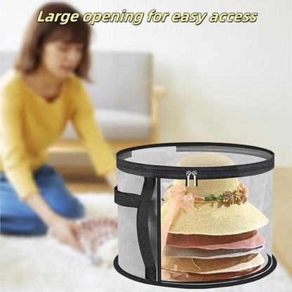 Hat Storage Box Organizer with Clear Window, Round, Set of 2, Black