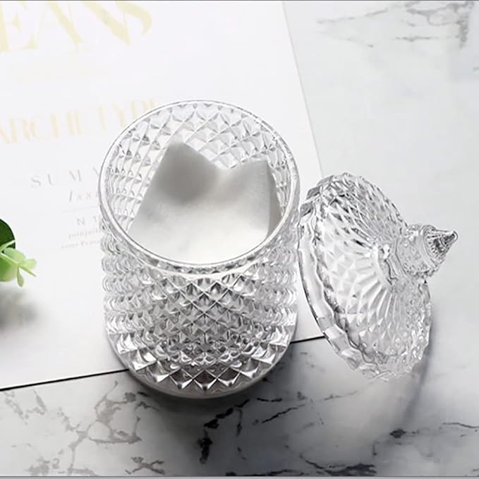 Glass Qtip Holder with Lid, Decorative Glass Apothecary Jar Crystal Canister Jar Bathroom Vanity Organizer for Q-tips, Cotton Ball & Swab, Cotton Pads, Hair Band, Candy Storage