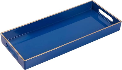 MAONAME Blue Bathroom Tray, Plastic Vanity Trays with Handles, Small Long Narrow Trays, Perfume Organizer Tray for Dresser, Bathroom Accessories, 13.8" x 6" x 1.58"
