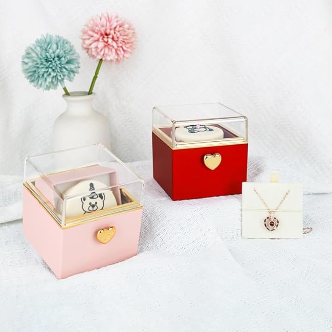 Magic Flip Jewelry Carousel with Heart Button Surprise, Rotating Transparent Gift Box - Bear Cake or Flower Design Organizer for Necklaces & Rings, Birthday Mothers Day Gifts for Women (Red Bear)