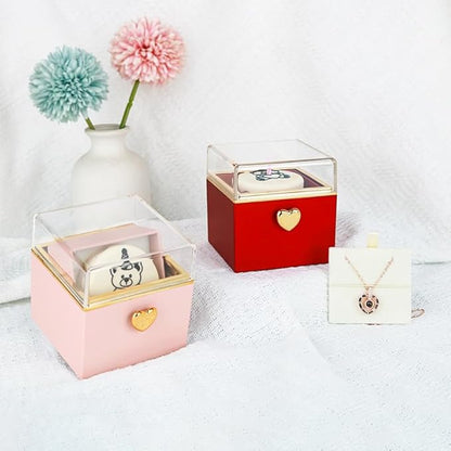 Magic Flip Jewelry Carousel with Heart Button Surprise, Rotating Transparent Gift Box - Bear Cake or Flower Design Organizer for Necklaces & Rings, Birthday Mothers Day Gifts for Women (Red Bear)