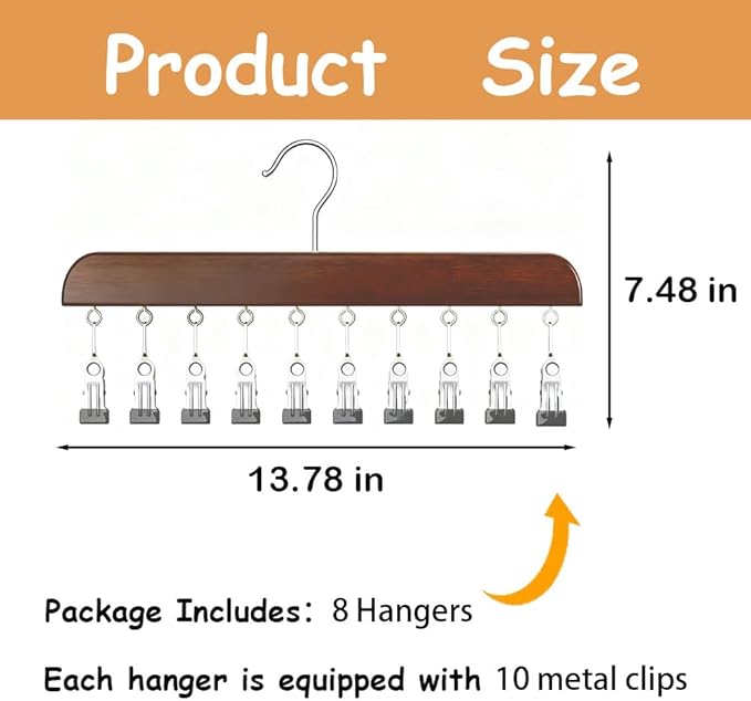 8 Pack Hat Hangers Bulk for Closet Display, Wooden Hat Storage Organizer with 80 Metal Clips for Baseball Caps, Summer Hat Rack for Beanie, Skullies, Visors, Walnut Brown Color