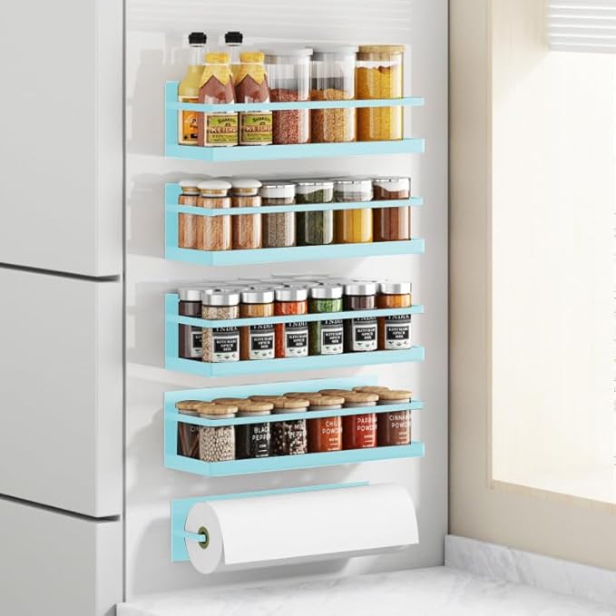 Magnetic Spice Rack For Refrigerator, Space Saving Magnetic Shelf For Fridge Blue 4 Pack With Magnetic Paper Towel Holder