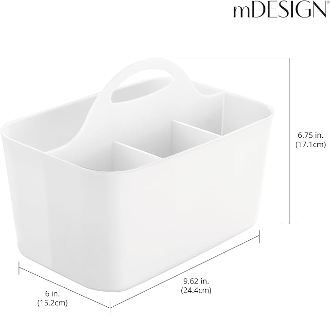 mDesign Plastic Cutlery Storage Organizer Caddy Bin Tote with Handle - Kitchen Cabinet Divided Pantry Basket for Forks, Knives, Spoons, Napkins, Indoor/Outdoor Use, Lumiere Collection, White