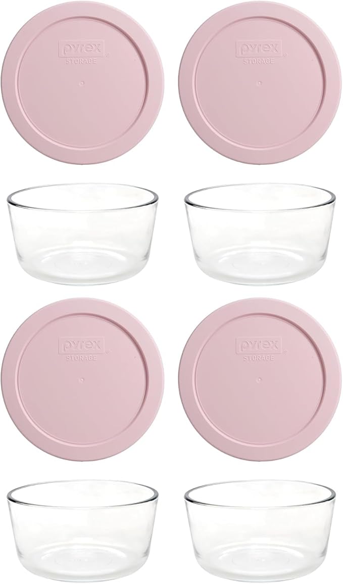 Pyrex 7200 2-Cup Glass Bowl & 7200-PC With Lid (4-Pack) - Made in USA (Light Pink)