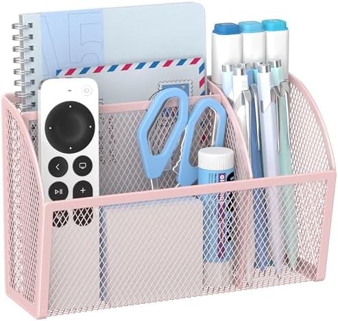 YINGHUA 3 Compartment Magnetic Metal Mesh Pen Holder, Pink Desk Caddy by YINGHUA