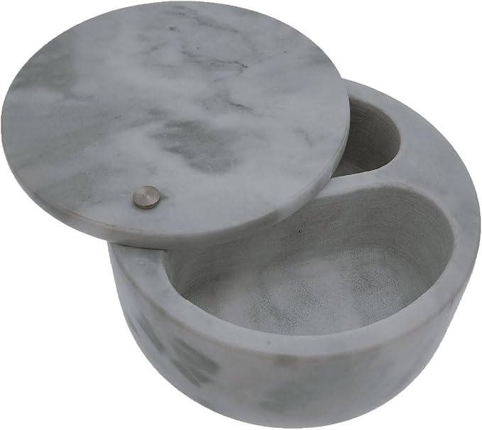 Kerixi Marble Salt Cellar and Storage Box with Two Compartments Salt Box with Swivel Lid for Storing Spice (Gray white)