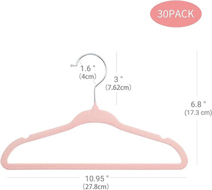 ManGotree Velvet Baby Clothes Hangers, Baby Toddler Kids Hangers with Swivel Hook, Notched Shoulder Design for Kids and Children Clothes (30 Pack, Light Pink)