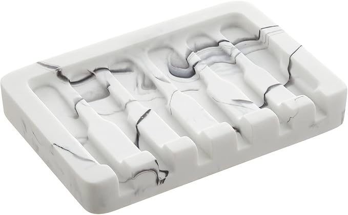 INIUNIK Self Draining Soap Dish - Marble Look Soap Holder Tray Savers Box Container Sponge Holder for Bathroom Shower Kitchen, White