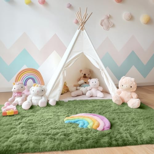 OLANLY Area Rugs for Living Room Bedroom, Machine Washable 4x5.9 ft Soft Fluffy Shaggy Bedside Rug, Indoor Floor Carpet for Kids Girls and Boys, Dorms, Nursery Rooms, Home Decor Aesthetic, Green - Image 6